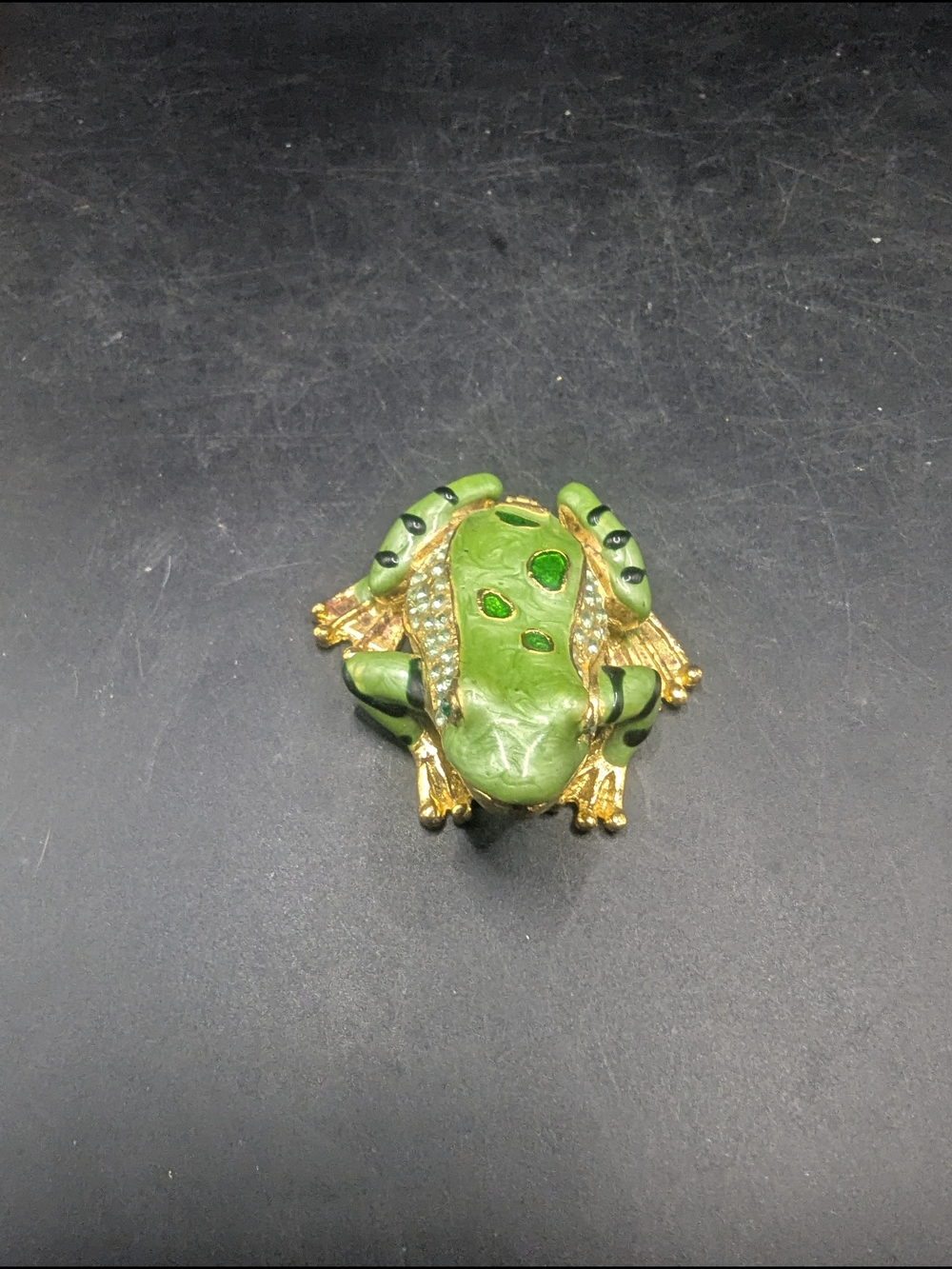 Vintage Green Gold Enameled Frog Trinket Box w/Crystal Accents & Magnetic Hinge